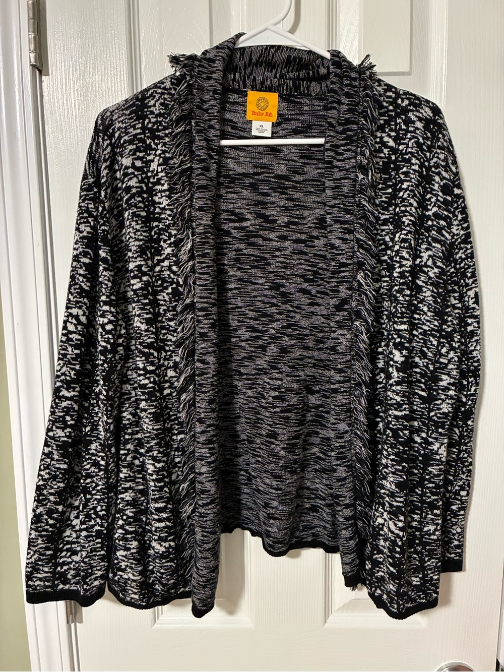 Ruby Rd. Black and White Fringe-Trim Open Cardigan